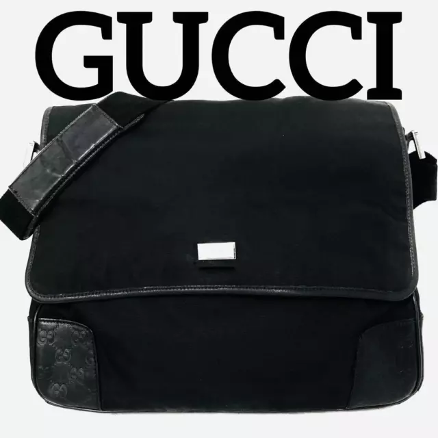 Gucci shoulder Diaper Bag Black GG Leather Nylon Cotton Canvas Tote Bag #GC143