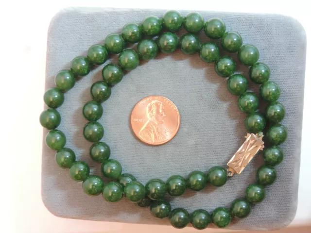 Vintage Épinards Vert Jade 8mm Perle Strand 16 " 800 Argent Fermoir Collier Cn