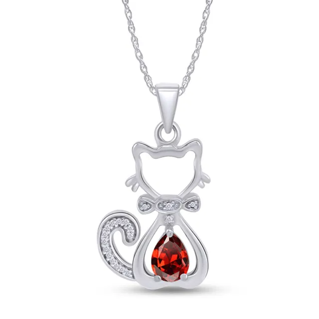 Birthstone & Diamond Cute Cat Kitty Pendant Necklace Sterling Silver