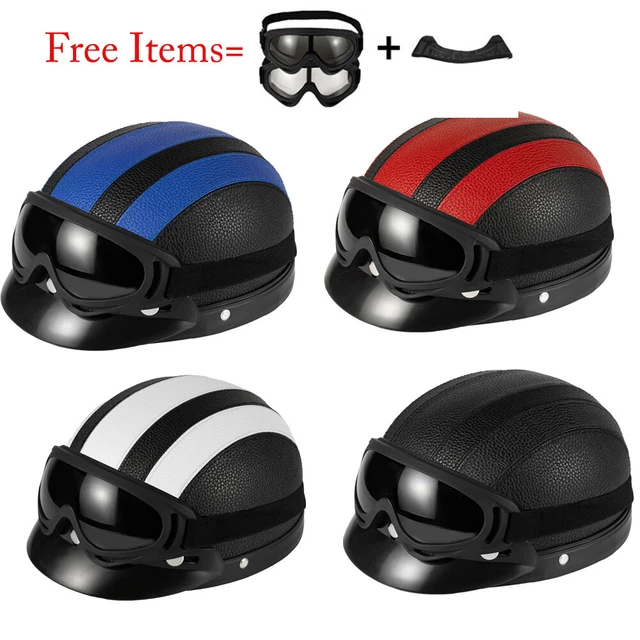 Casque Moto Open Face Demi-casque Cuir Rétro - Visière, Lunettes UV, écharpe Amovible, Taille 54-60 Cm