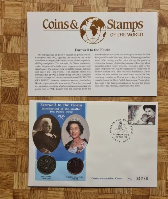 1992 Farewell to the Florin Introduction of Smaller 10p PNC commemorative cover.