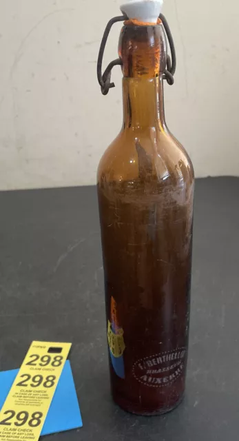 Vintage f. berthellot auxerre brown glass Blob Top bottle Porcelain Swing Cap