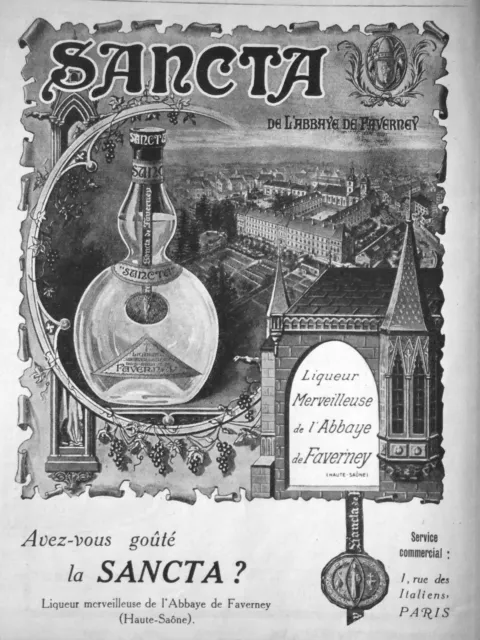 Publicité De Presse 1920 Sancta Liqueur Merveilleuse De L'abbaye De Faverney