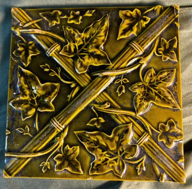 MINTON Antique Old English Art Pottery Tile Bamboo & Leaves Aesthetic Movement MINTON Antique Old English Art Pottery Tile Bamboo & Leaves Aesthetic Movement