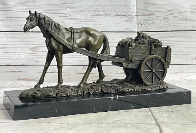 Hecho a Mano Bronce Escultura Venta Carro Con Caballo Laboral Original Firmado