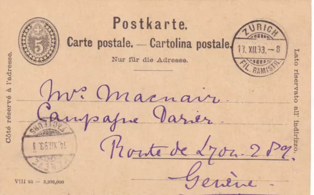 Switzerland 5c Postal card Zurich to Geneva posted 1893 VGC