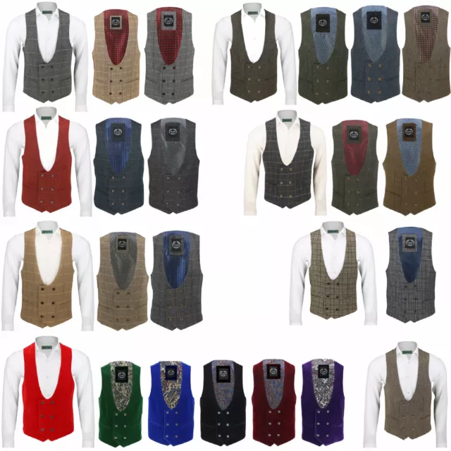 MENS WAISTCOAT DOUBLE Breasted U Cut Herringbone Tweed Check Velvet ...