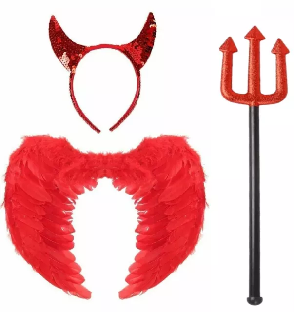 Red Devil Fork Trident+Wings+Sequin Horns Halloween Fancy Dress Party Costume