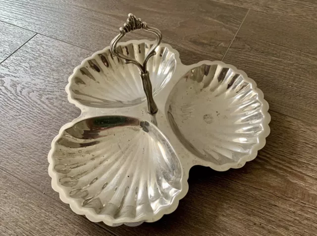 silver plated Seashell 3 Bowl Handled Serving Tray