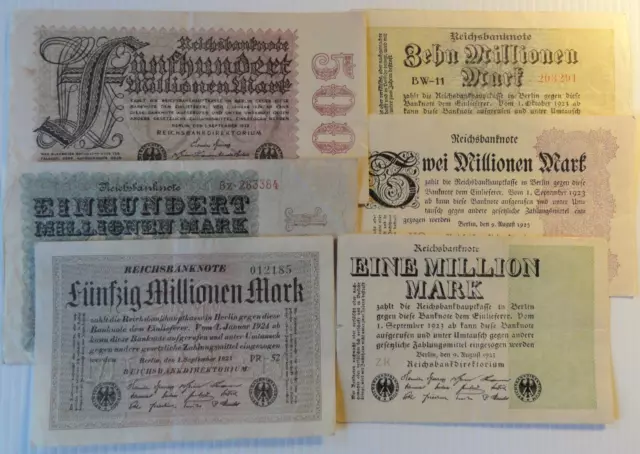 6 x Reichsbanknote 1923 je 1 Schein   1 / 2 / 10 / 50 / 100 / 500 Millionen Mark
