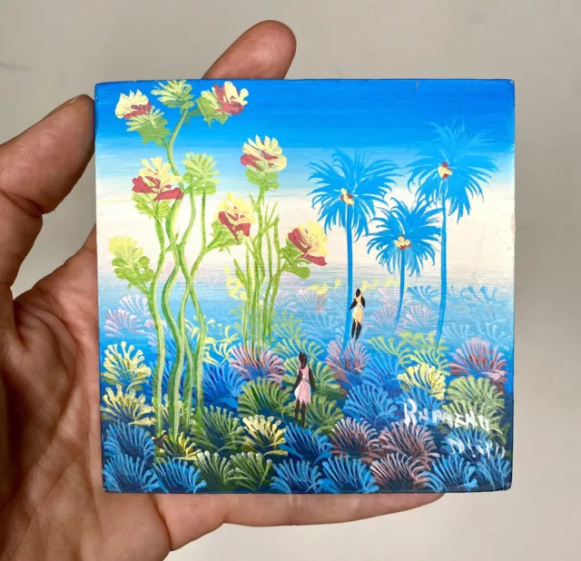 Haitian Folk Art Mini Painting Signed Tropical Landscape Impressionist Oil Vtg