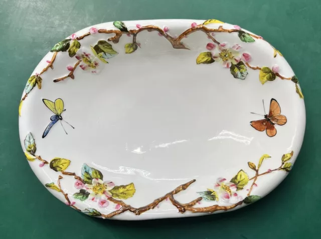 Antique Bodley Porcelain Oval Bowl Handpainted Apple Blossom Butterfly Majolica