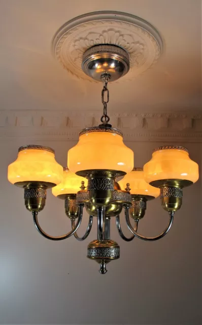 Vintage Art Deco Ceiling Fixture Chandelier 5 Shade Light Copper Nickel Aluminum