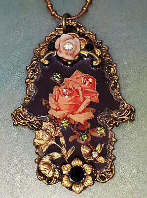 Michal Negrin Hamsa Necklace Roses Floral Pendant Crystals Victorian Antique