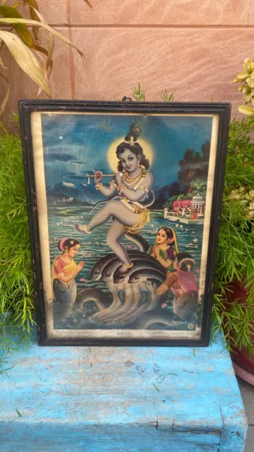 Antique Old Beautiful Religious Hindu Lord Krishna Dancing On Snake Print Framed