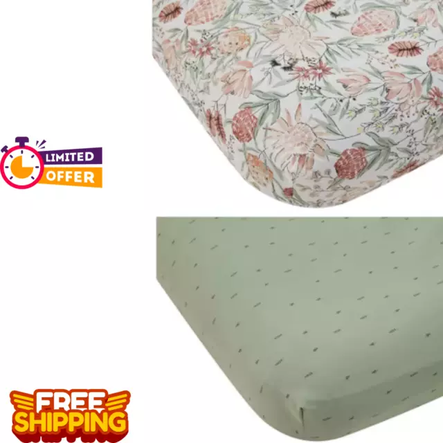2 x Pack Pure Organic Cotton Fitted Sheets Cot Crib Baby Toddler Floral Printed