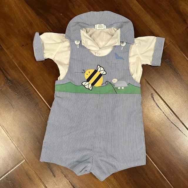 Vintage Jayne Copeland Toddler bumble bee Outfit Size 4T  Blue White Pinstripe