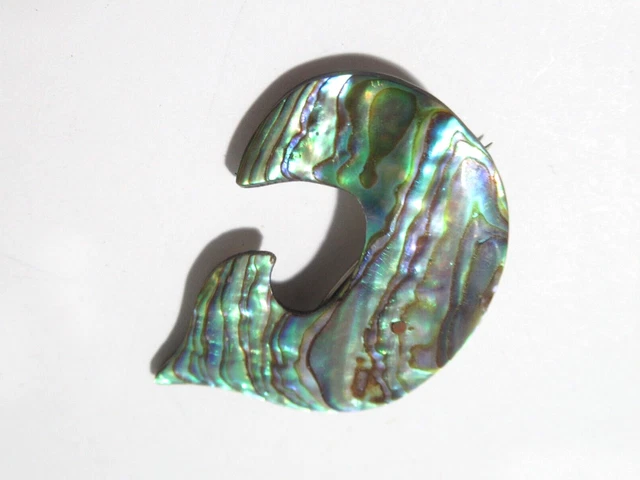 Hawaiian Koa Paua Maori Hei Matau Fish Hook Pin Brooch