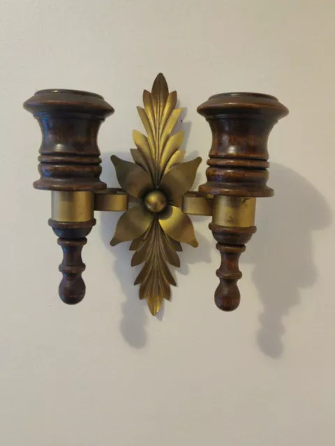Vtg Double Candle Holder Wall Sconce Wood Metal Leaf Floral MCM Gold Scroll 7"