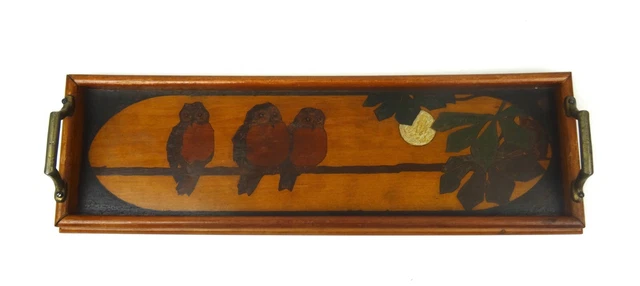 Beautiful Original Art Nouveau Hand Painted Owls Birds Antique Serving Tray 1900