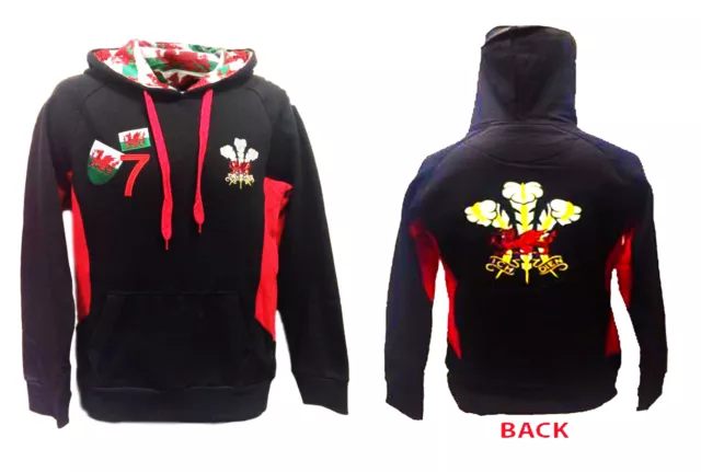 Mens  Wales Welsh Cymru Feather Dragon Embroidery Applique Back Rugby Hoody