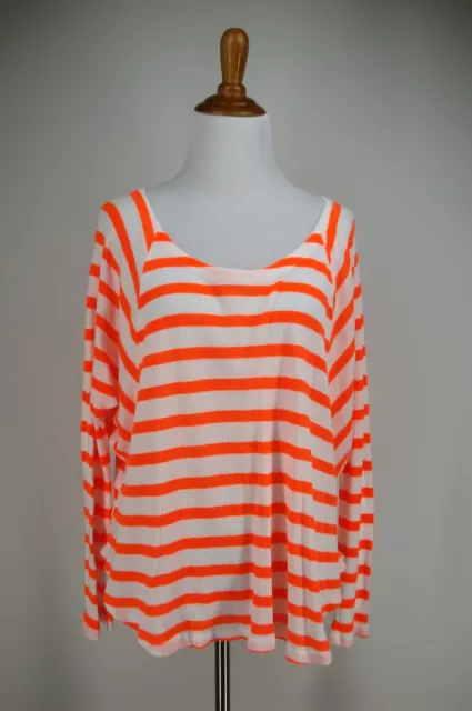 SPLENDID Top S Fluorescent Orange White Breton Stripe Thermal Knit Oversized