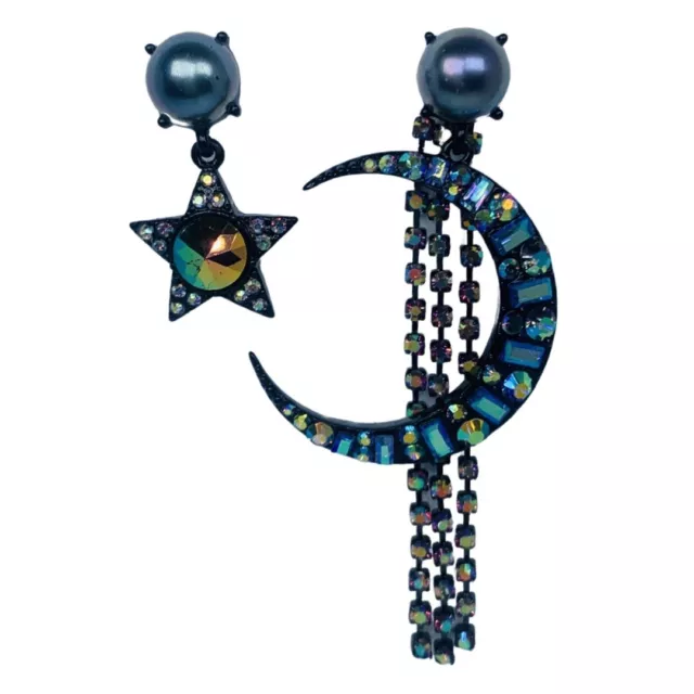 Betsey Johnson Dark Magic Black Pearl Crescent Moon Star Blue Mismatch Earrings