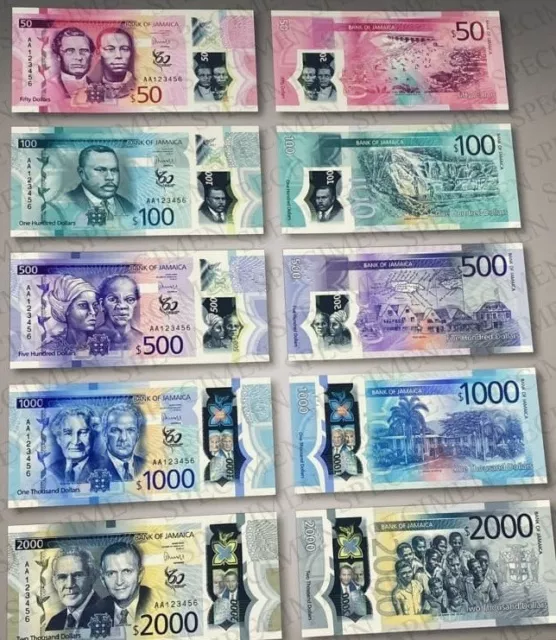 Jamaica banknotes New Polymer $50, $100, $500, $ 1000, $2000