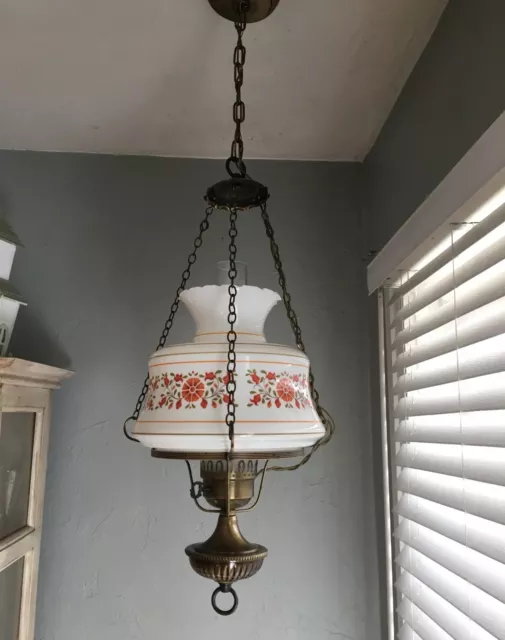 Vintage Hanging Lamp Hurricane Chandelier Light Floral Hand Painted REPAIR READ