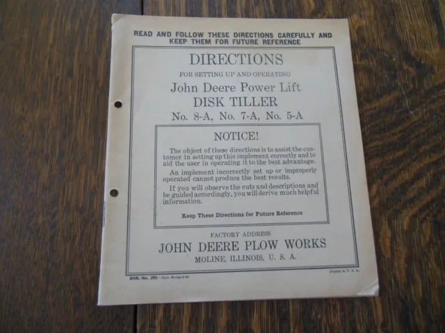 Vintage 1930 Directions for John Deere Power Lift Disk Tiller No. 8-A, 7-A, 5-A