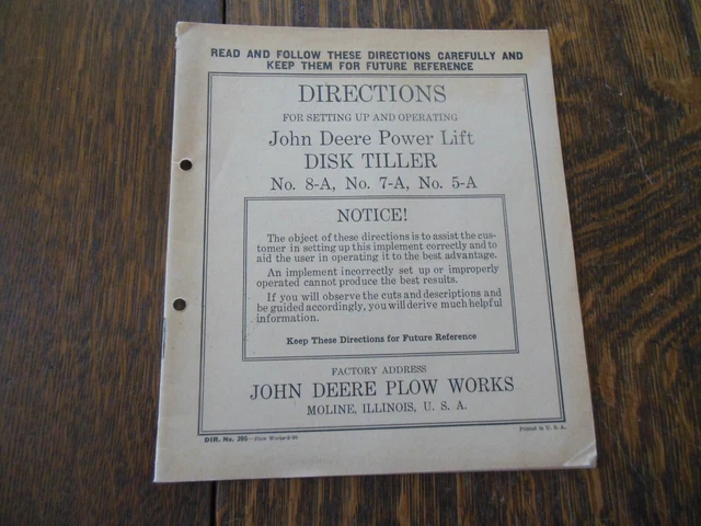 Vintage 1930 Directions for John Deere Power Lift Disk Tiller No. 8-A, 7-A, 5-A