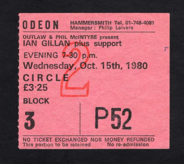 1980 Ian Gillan from Deep Purple Concert Ticket Stub Odeon London UK Glory Road