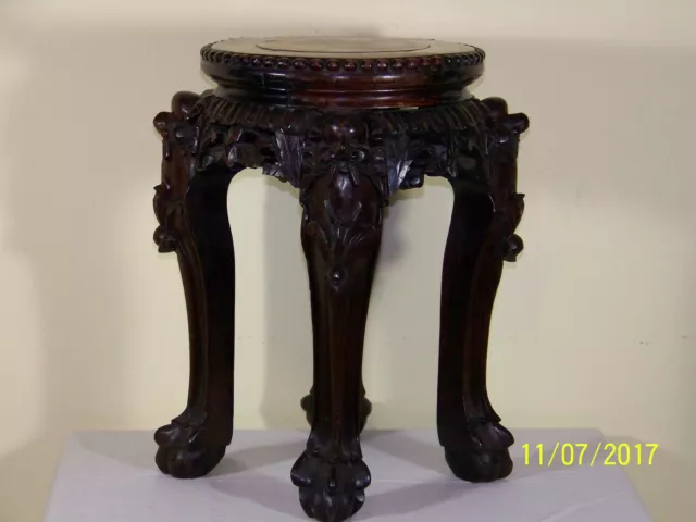 Chinese Qing Dy Hand Carved Floor Wood Vase Stand Stool Plant  w/Marble Top