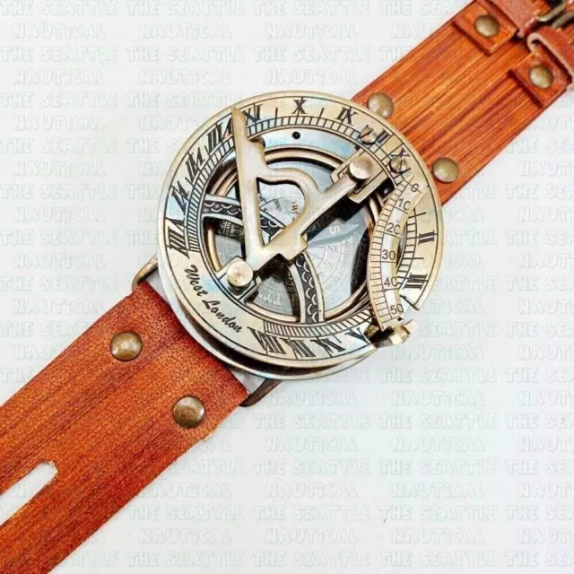 Brass Sundial Compass Handmade Leather Band/Wrist Compass