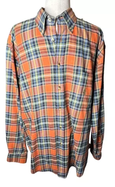 Nautica Men's Flannel Button Down Shirt Orange Blue Plaid Size Large 100% Cotton