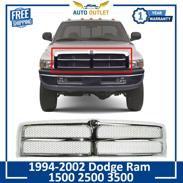 New Front Grille Chrome Shell And Insert For 1994-2002 Dodge Ram 1500 2500 3500