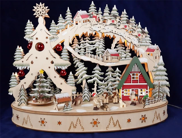 LED Holz Weihnachts Dorf Szene - 2 Etagen - Schwib Bogen Tisch Deko Batterie