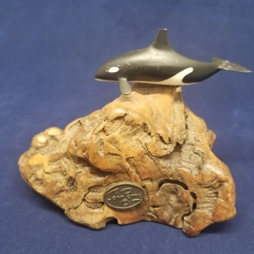 Vintage John Perry ORCA Sculpture KILLER WHALE  Burl Wood Figurine
