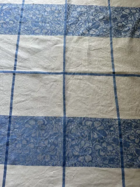 Gorgeous Retro Blue and White Checked Linen Damask Table Cloth with Flowers 2