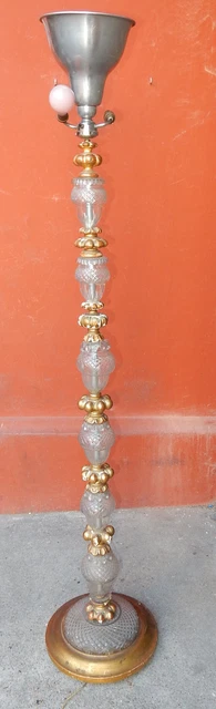 1950' Lampadaire Bois Doré Et Cristal
