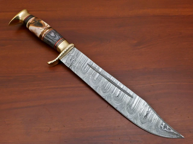Hand Forged Damascus Steel Hunting Knife - Stained Engraved Bone/Wood - Za-3436