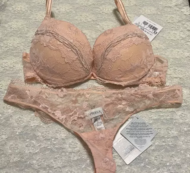 La Perla Baronessa Collection 34B S Push Up Bra Thong Set Lace Soft Pink Beading