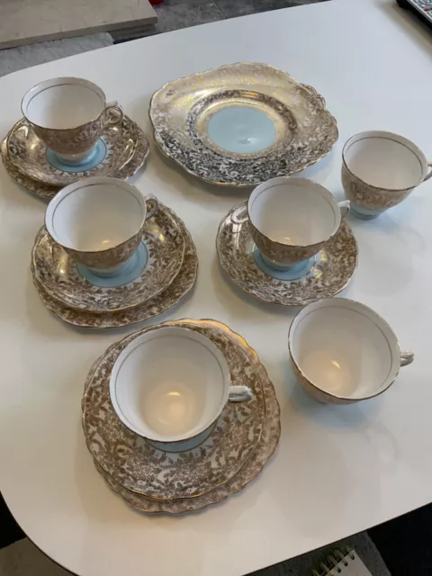 Colclough 1930's Bone China Pale Blue/gold/white floral chintz 14 pieces