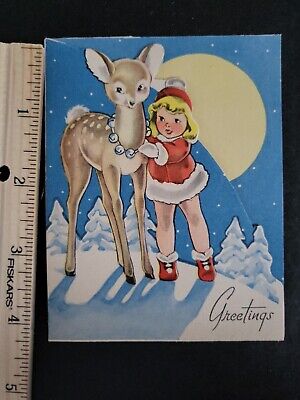 Vtg Christmas Greeting Card Deer Fawn Girl red coat hat Moon Snow GREETINGS 40s
