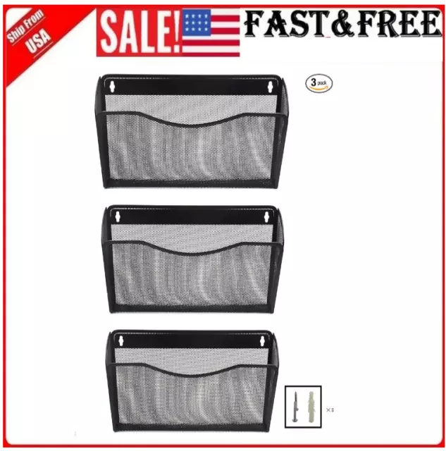 3 Pockets Office Wall Mount Hanging File Folder Organizer Holder Rack Mesh Metal