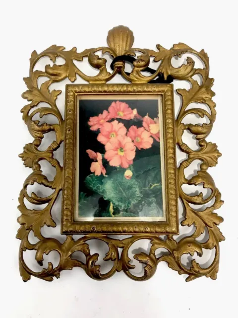 French Victorian Antique Ornate Leaves Painting Gilt Brass Wall Picture Frame