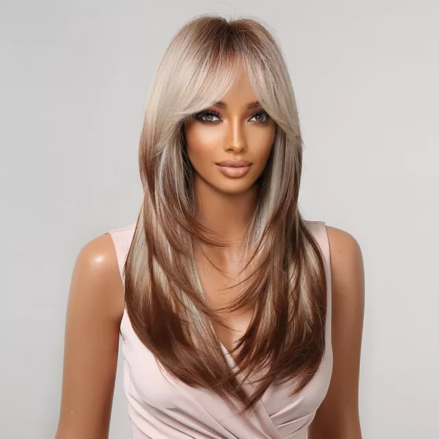 Long Straight Blonde Layered Synthetic Wigs Brown Ombre Fashion Wigs With Bangs 3