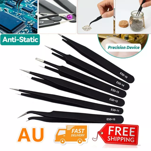 6Pcs Tweezer Set  ESD Anti-Static Stainless Steel Tweezers Maintenance Tool AU