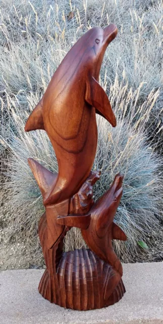 Lg Vintage Hand Carved Hard Wood DOUBLE DOLPHIN SCULPTURE Collectible Figure 20"