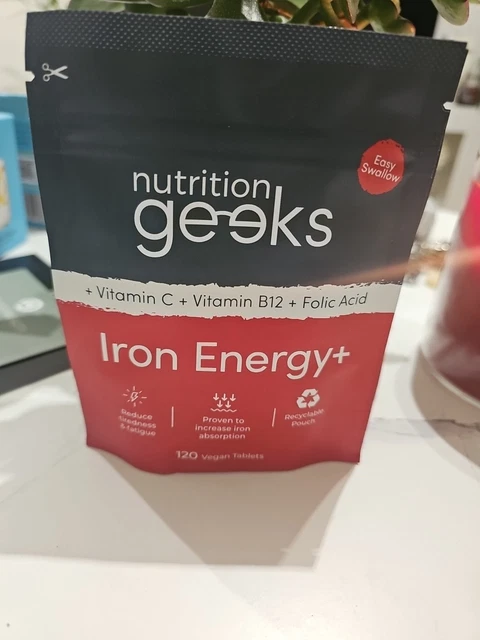 NUTRITION GEEKS IRON Energy+ Tablets Vegan, 120ct, Vitamin C, B12 ...